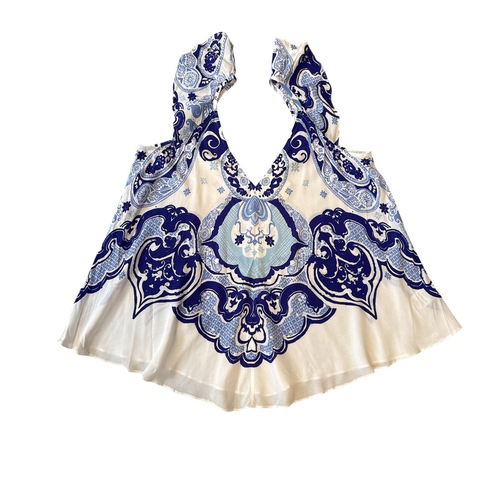 Maeve Anthropologie Blouse Women Size 2 Blue White Paisley Flutter Sleeve